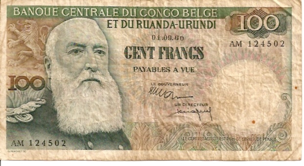 Banque Centrale DU Congo Belge  100 Francs  1960 Issue Dimensions: 200 X 100, Type: JPEG